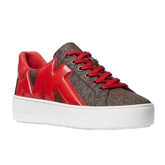 Michael Kors Poppy Logo and Faux Patent Leather Sneaker Flame Red 5 Nib - Picture 1 of 9